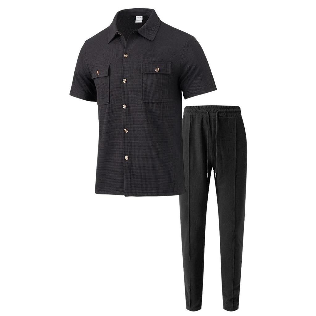Men's Solid Color Button Pocket Short Sleeve Shirt and Long Pants Two-Piece Set - Summer 2025 Collection