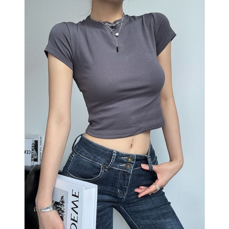 

Топ с круглым вырезом и плиссировкой, приталенный, черная футболка с коротким рукавом Grey XL