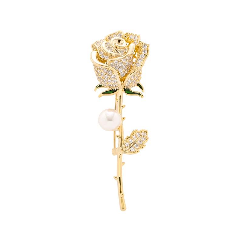 Elegant Pearl Rose Brooch - Large Diamond Accent Pin for Women