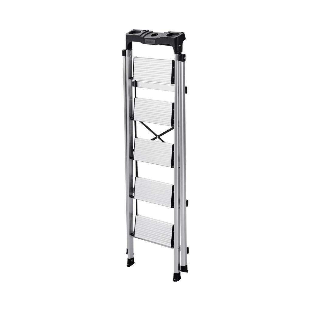 5 Step Ladder, Folding Step Stool with Wide Anti-Slip Pedal and Comfort Handgrip, 150 Kg Capacity Portable Aluminum Stepladder, Multi-Use for Kitchen,