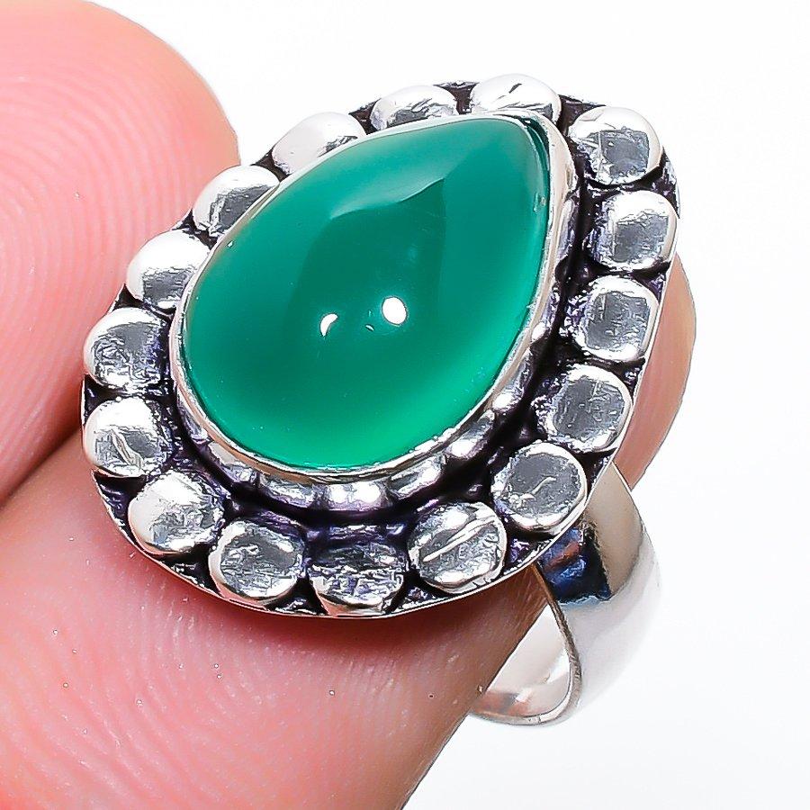 Anello in Argento Sterling 925 Fatto a Mano con Pietra di Onice Verde Misura 6