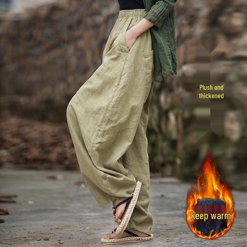 Damen Frühling Baumwolle-Leinen Locker Geschnitten Ramie Laternenhose