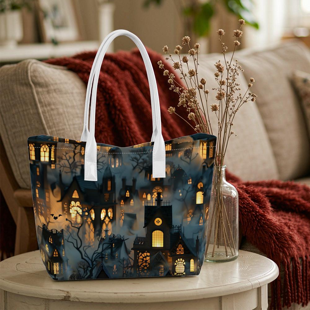 Halloween Spooky Castle Print Portable Tote Bag for Daily Shopping Use