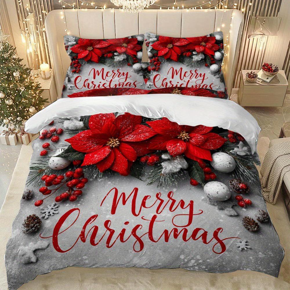 

Liifesmell 2/3Pcs Red & White Poinsettia Christmas Bedding Set - Full/Queen/King Size Duvet Cover Set Christmas Gifts New Duvet Cover Set&EU Single(135x200cm)