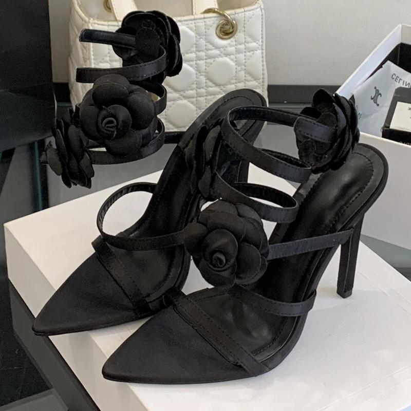 

Eilyken Дизайнерский Стиль Цветок Тонкий Высокий Каблук Женские Сандалии Острый Носок Ремешок на Щиколотке Банкет Выпускной Летняя Обувь 35 чёрный
