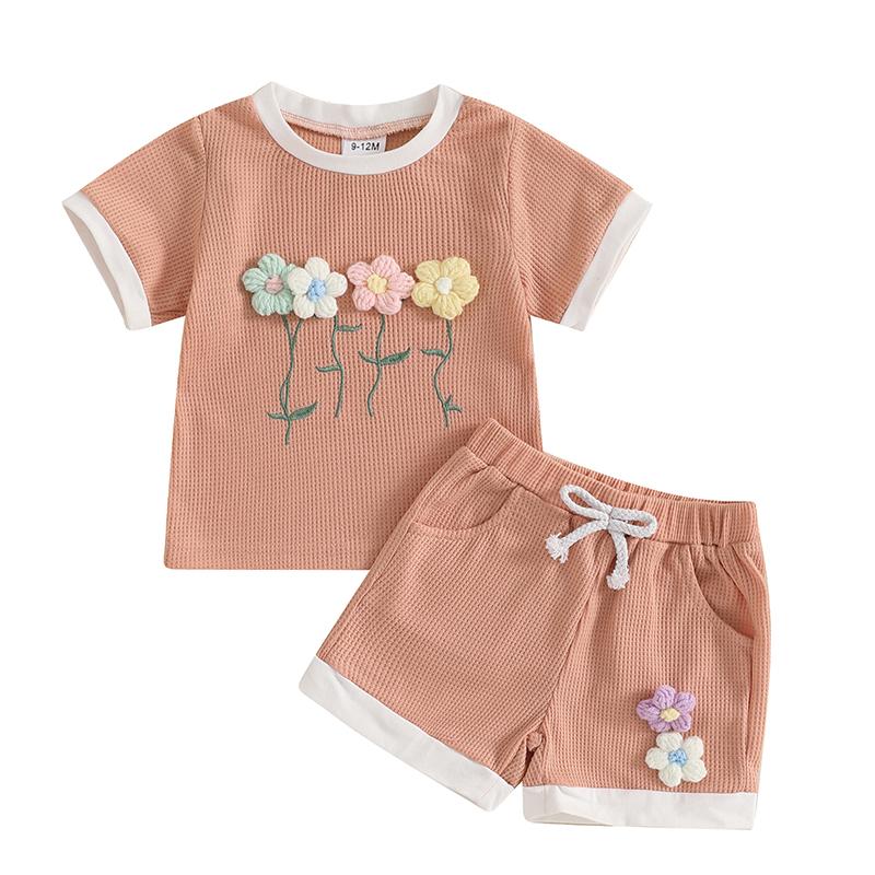 

Toddler Girl Summer Waffled Clothes 3D Flower Short Sleeve Round Neck Tops Elastic Waist Shorts Children Outfit 2-3Y розовый