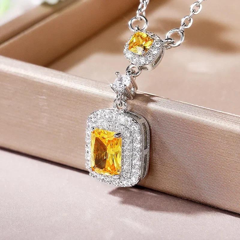 New Versatile Yellow Diamond Zircon Square Necklace Luxury Pink  Pendant  Female High Quality Jewelry