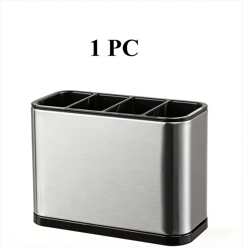 1Pc Stainless Steel Cutlery Holder with 4 Compartments, Rustproof Organizer for Kitchen Counter, Large Capacity Utensil Storage
