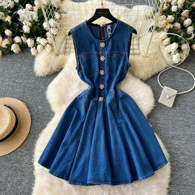 Zomer Dames Zoet Mouwloos Diamanten Knoop Denim Mini Short Tank Prinses Feestjurken