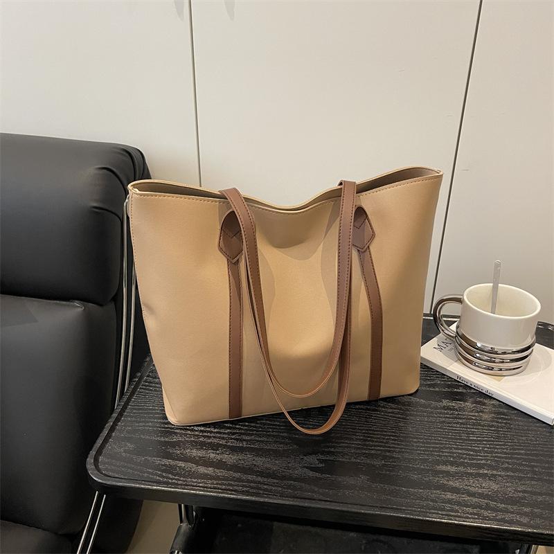 Korean Version Large Capacity Solid Color Faux Leather Tote Bag Fashion Vintage Commute Simple Shoulder Bag