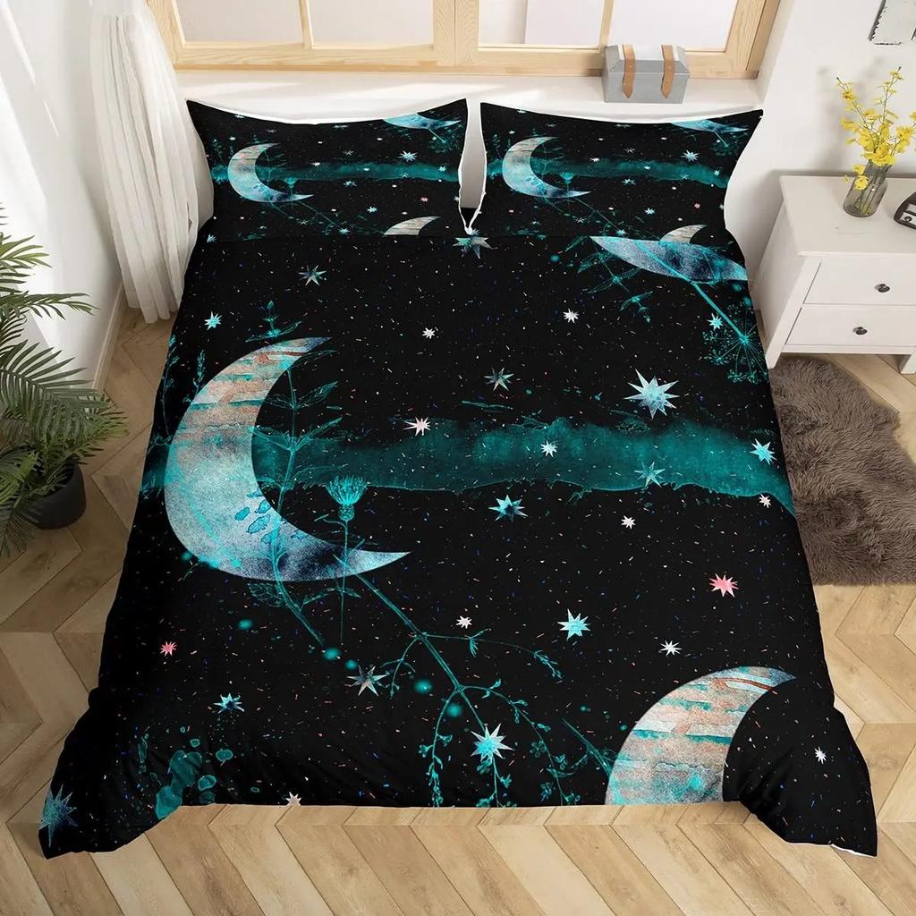 Seawater Bright Moon At Sea Starry Night Sky Galaxy Summer Hawaiian Holiday Comforter Cover,Deep Ocean Duvet Cover,Bedding Set