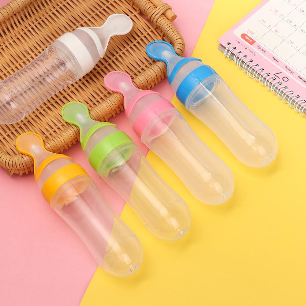 New Fashion Squeeze Silicone Feeding Bottle Food Rice Feeder Milk Bottle With Spoon