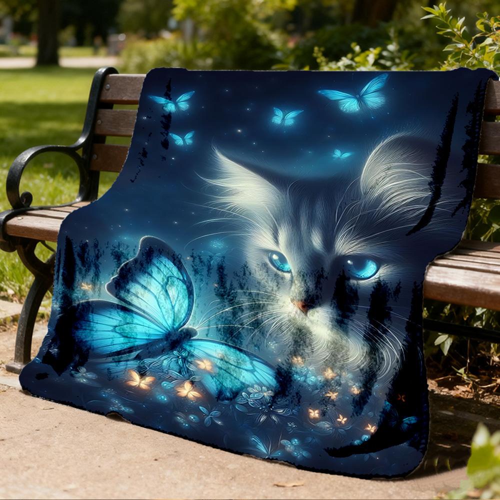 1pc Butterfly Cat Night Throw Blanket Polyester Fiber, Lightweight Flannel, Soft & Warm, All Season Use for Outdoor, Camping Digital Print