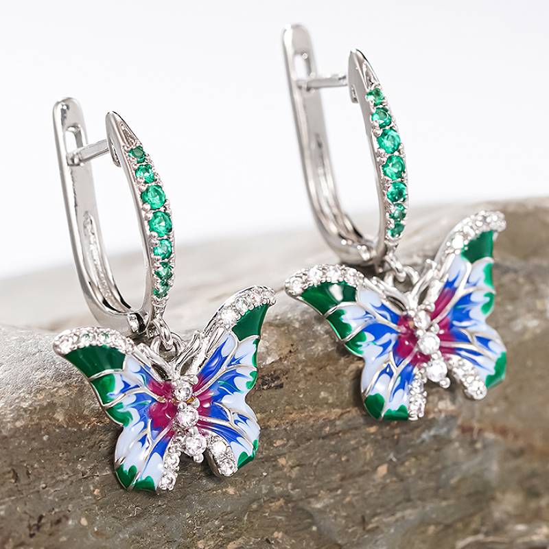 

Huitan Colorful Enamel Design Women Butterfly Drop Earrings Inlaid Green CZ Fashion Party Aesthetic Wedding Accessories Zircon