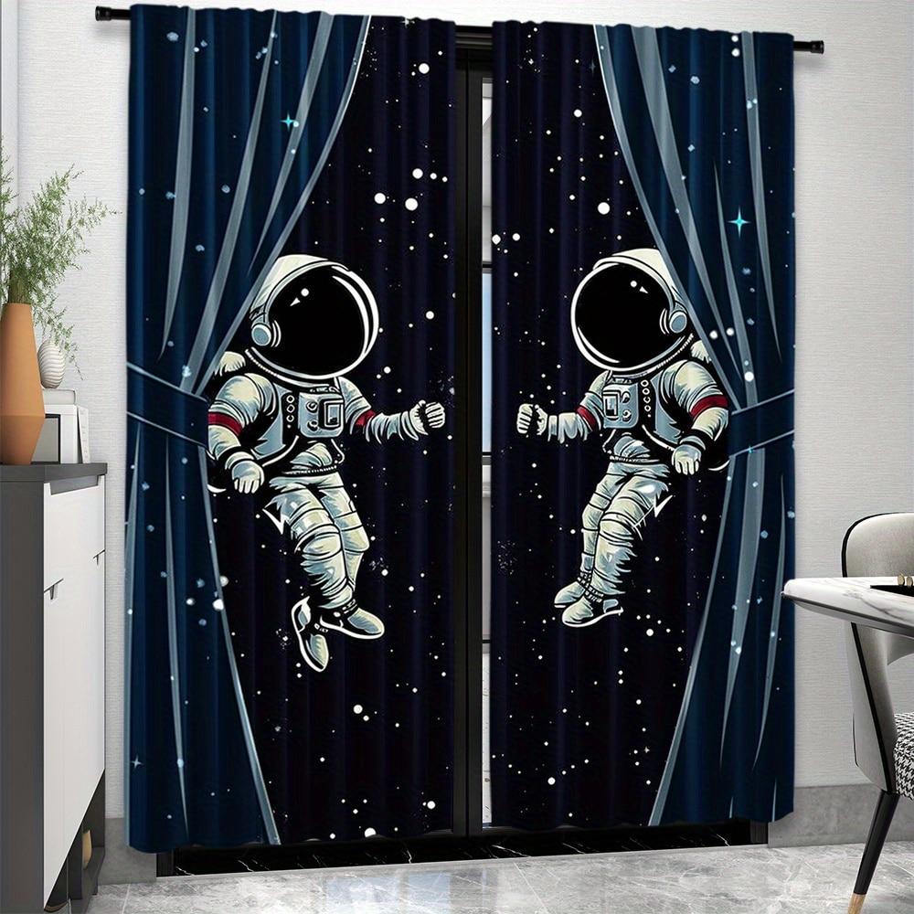 2pcs Astronaut Blackout Curtains   Suitable For Bedroom & Living Room - Modern Polyester Rod Pocket Curtains - Semi-Sheer