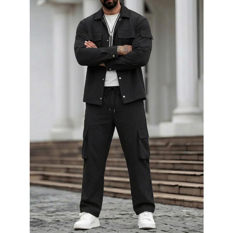 Men Casual Workwear Multi Pockets Long Sleeve Jacket And Long Pants Set