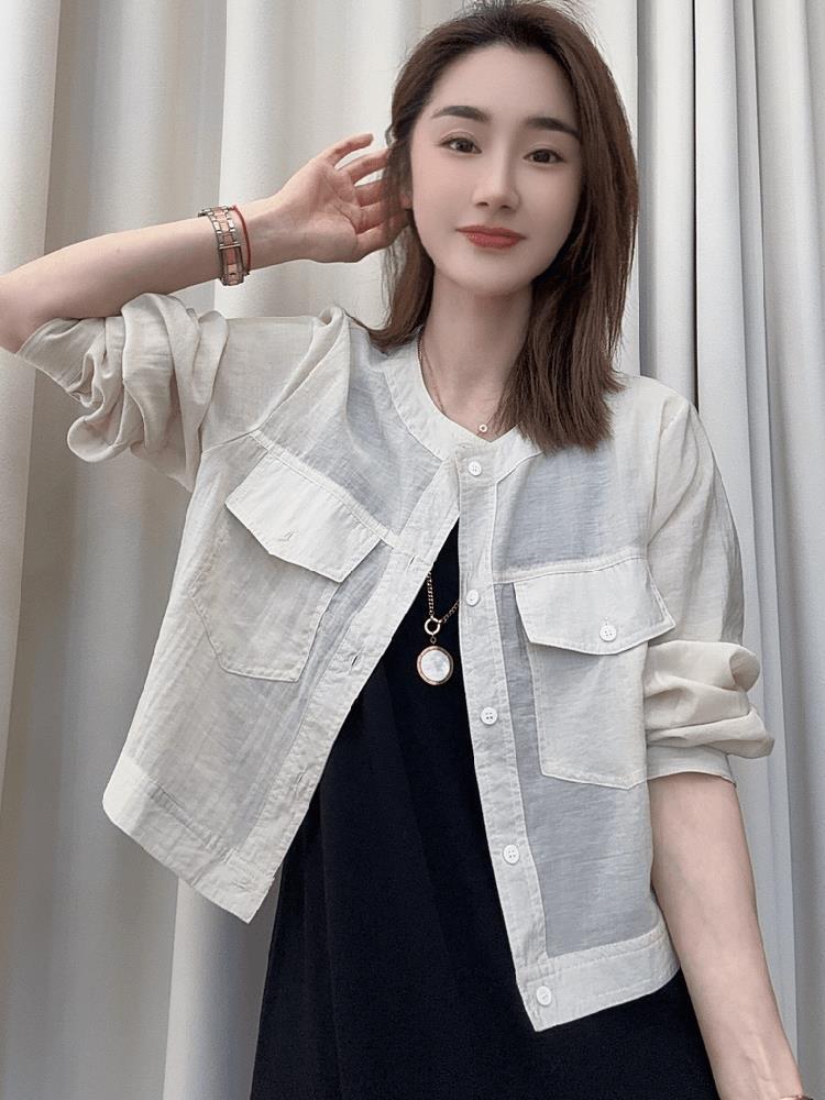 

2025 Женская легкая льняная рубашка для защиты от солнца - Приталенная, Дышащая, Однобортная, Повседневная короткая куртка Large белый