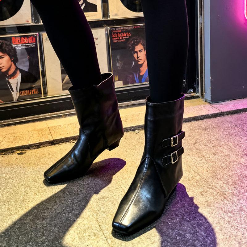 Retro belt buckle Martin boots women's autumn and winter new British style thick heel trouser tube boots thin small square head short boots single
