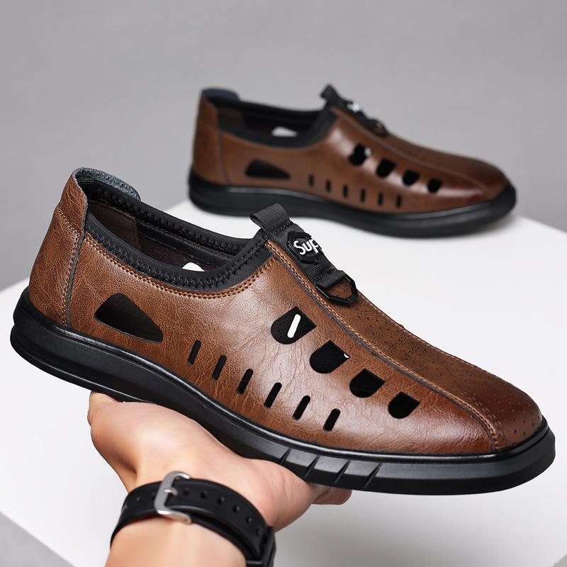 2025 Summer New Men's Daily Casual Leather Shoes Men's Hollow Breathable Leather Sandals Soft Leather Soft-soled Shoes 701
