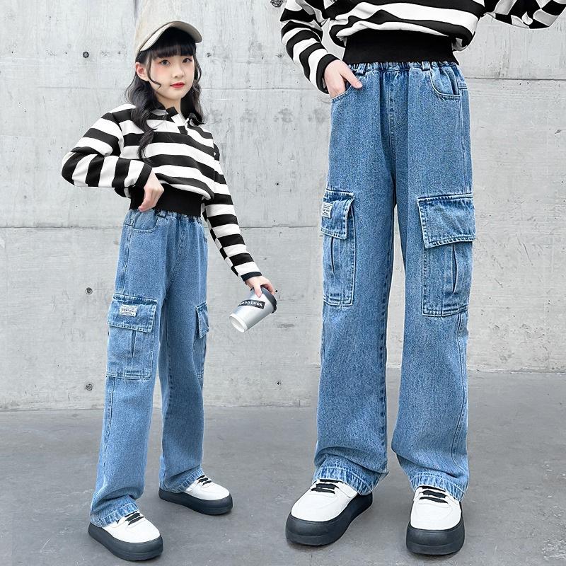 Salopete din denim pentru fete Pantaloni largi Modele de primăvară și toamnă Pantaloni largi cu picioare drepte pentru fete Blugi pentru copii medii și mari