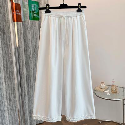 White Lace Straight-leg Pants Women's 2025 Summer New Literary Style Drawstring Elastic Waist Cotton Casual Pants