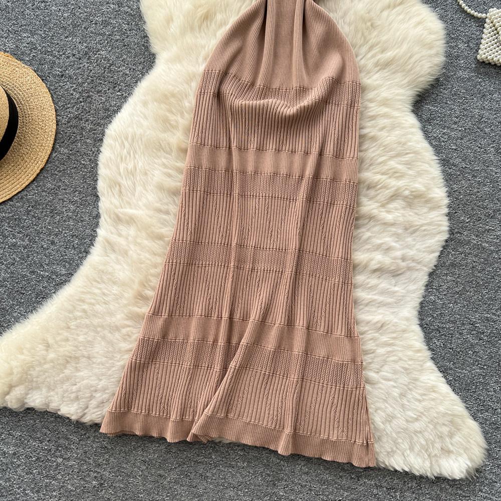 Qianjin wind sleeveless knitted slim dress women's summer hollow breathable high waist thin temperament long dress
