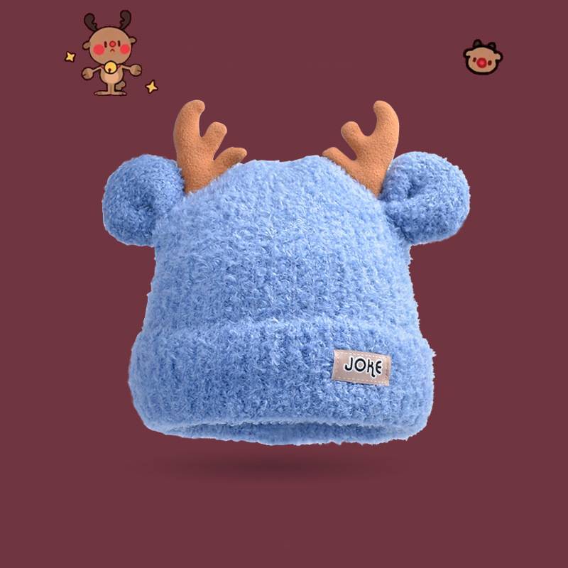 Christmas Deer Antler Knit Hat For Women Winter Warmth Fashionable Headwear синий