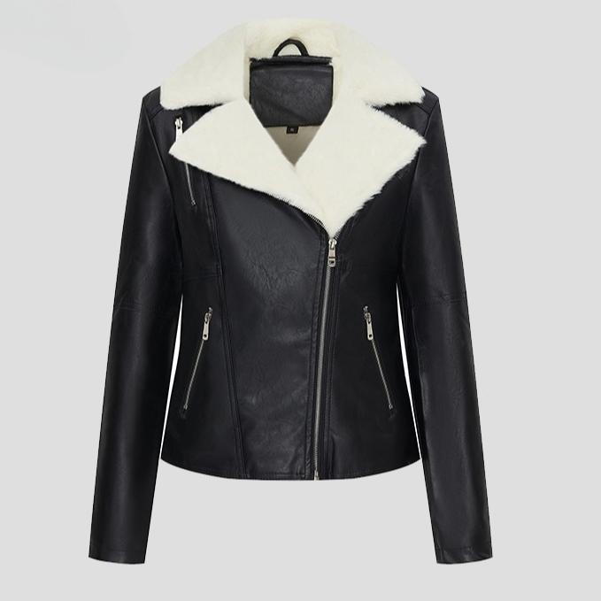 Winter Women's Fleece Jacket Thick Warm PU Leather Jacket Slim Turn Down Collar Flocked Leather Coat