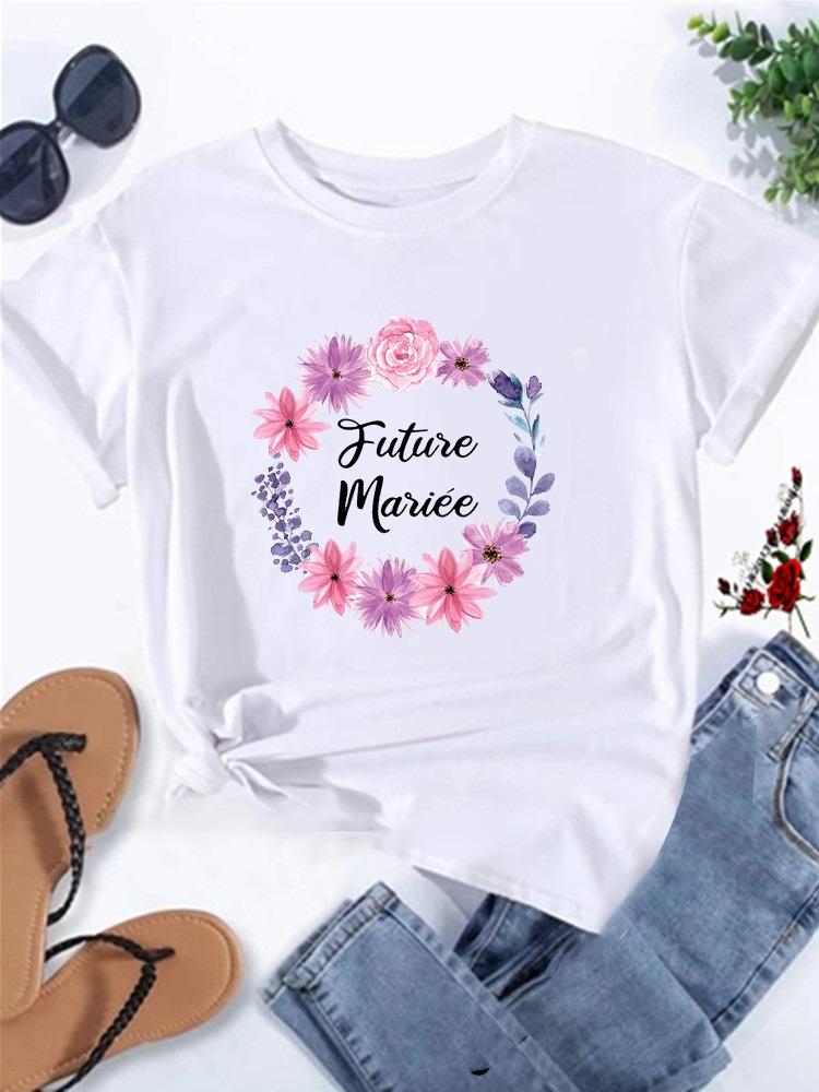 Floral Wreath French Bridal Team Womens TShirt Future Mariée Printed Short Sleeve Casual Top Bachelorette Party Gift
