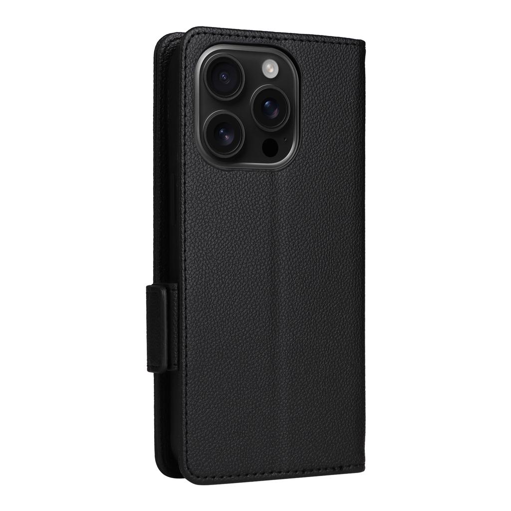 For iPhone 16 Pro Case with Wrist Strap Litchi Texture PU Leather Wallet Phone Cover