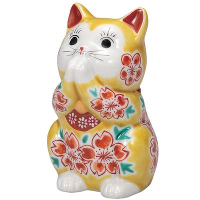 Kutani Ware Good Size Yellow Glazed with Cherry Maneki-neko Figurine, Luck, Fortune, Prayer, 9.5cm Tall, 3.2, Blossoms, K9-1596