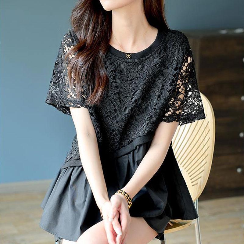 

Женская одежда для работы, ажурная блузка, лето, новая, милая, однотонная, пэчворк, стильная, асимметричная, повседневная, с круглым вырезом, свободная рубашка XXXL чёрный