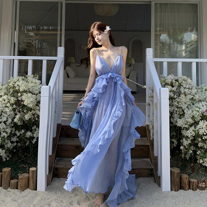Seaside Vacation Dress Women's Summer New Celebrity Temperament Neck Halter, Blue Long Skirt
