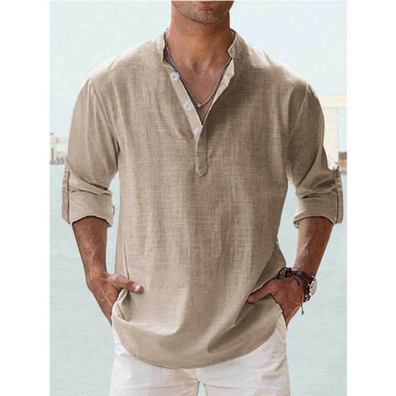 Men's Linen Stand Collar Long Sleeve T-shirt Loose Sweatshirt Solid Color Long Sleeve Cotton Linen Shirt Men