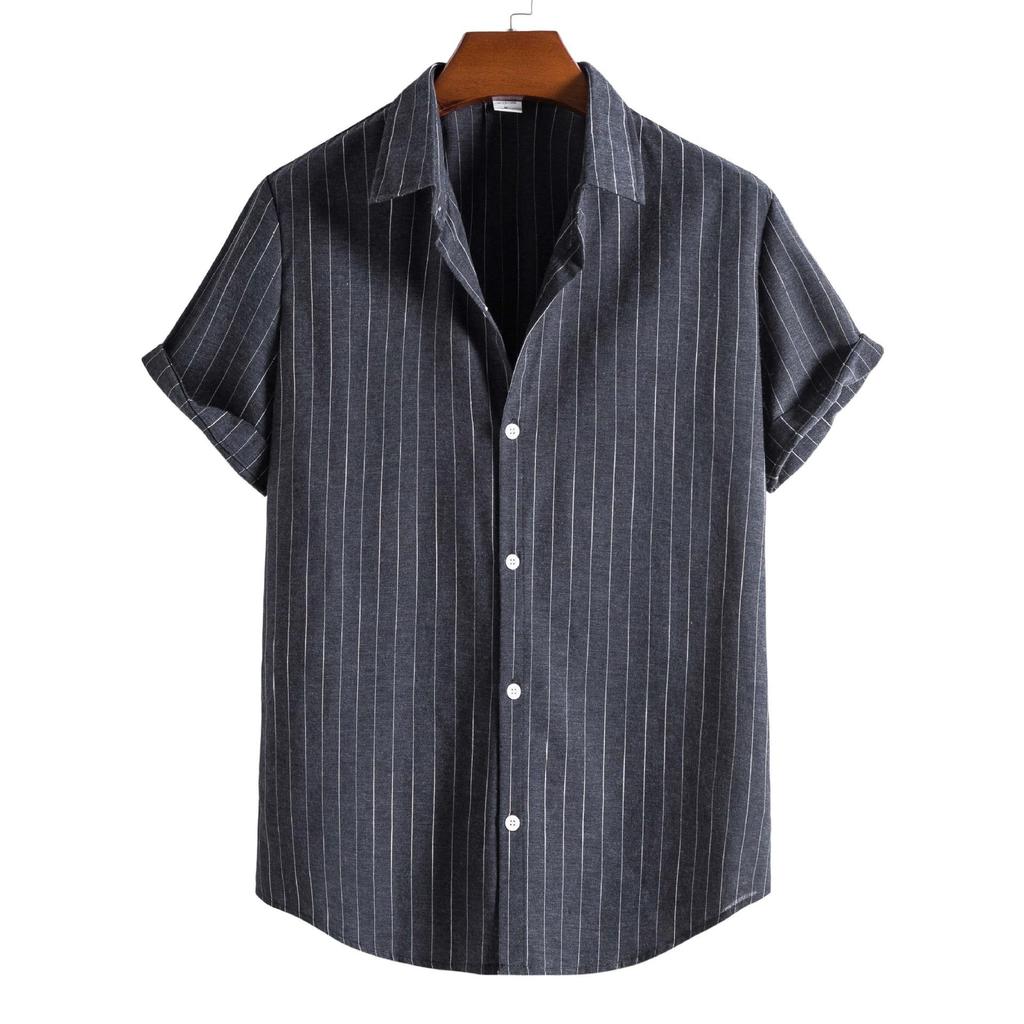 Gestreiftes Hemd für Herren Baumwolle Kurze Ärmel Knopfblusen Lässig Umlegekragenhemd Sommer Streetwear Überhemden Tops