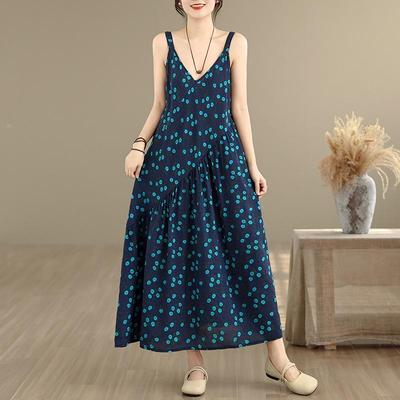Sleeveless Strap Cotton Vintage Floral New In Dresses For Women Casual Loose Long Summer Dress Elegant Clothing