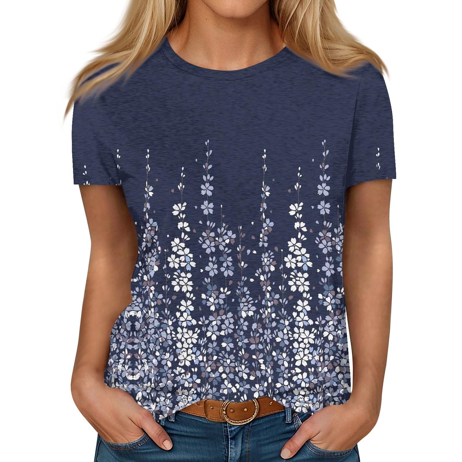 Women s Round Neck Casual Printed Short-sleeved T-shirt Top XL
