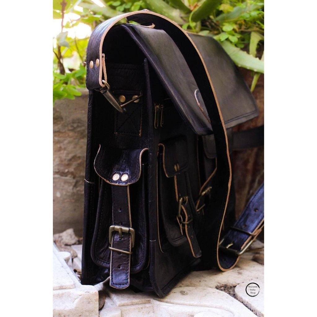 Mens Genuine Vintage Large Black Leather Shoulder Messenger Laptop Bag Briefcase