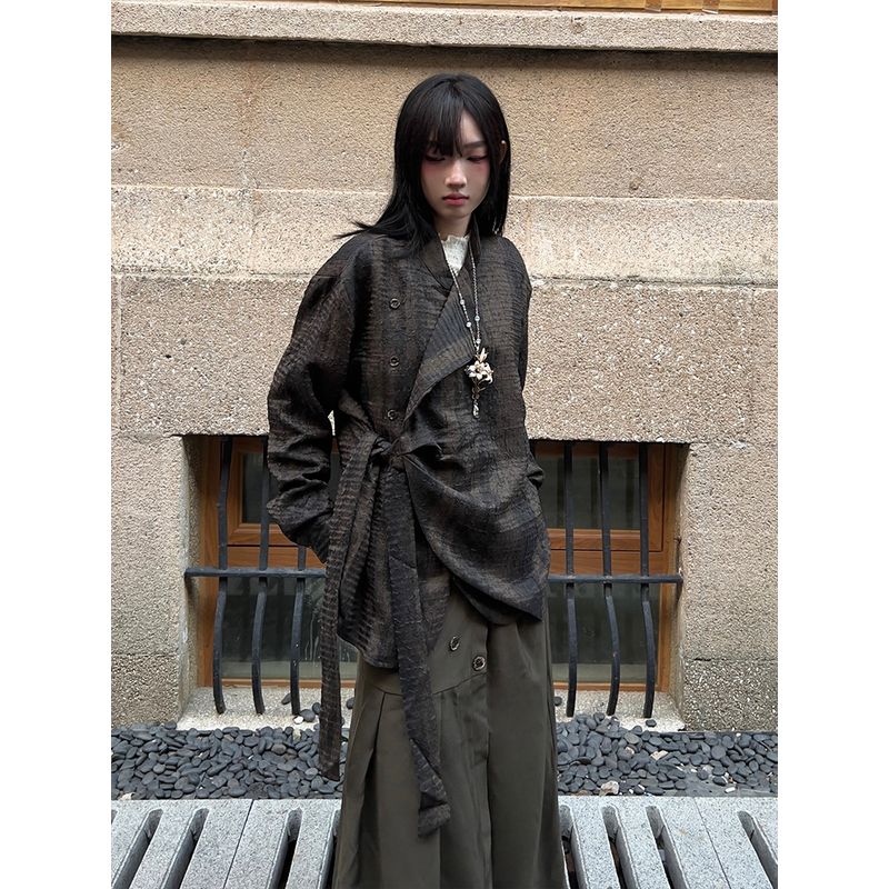 

Fg721 Classy Lace-up V-neck Long Sleeve Shirt Women s Waist-Tight Niche Design Japanese-Style Retro Tie-Dyed Shirt Autumn Curry M