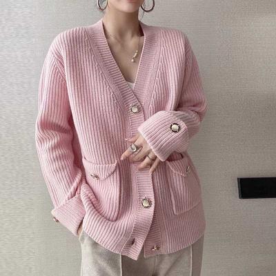 Women's Winter Clothes Elegant Pink Outerwears Knitted Knitwear Button Knitted V-neck Y2k Cardigans Sweater Korean Style 2023