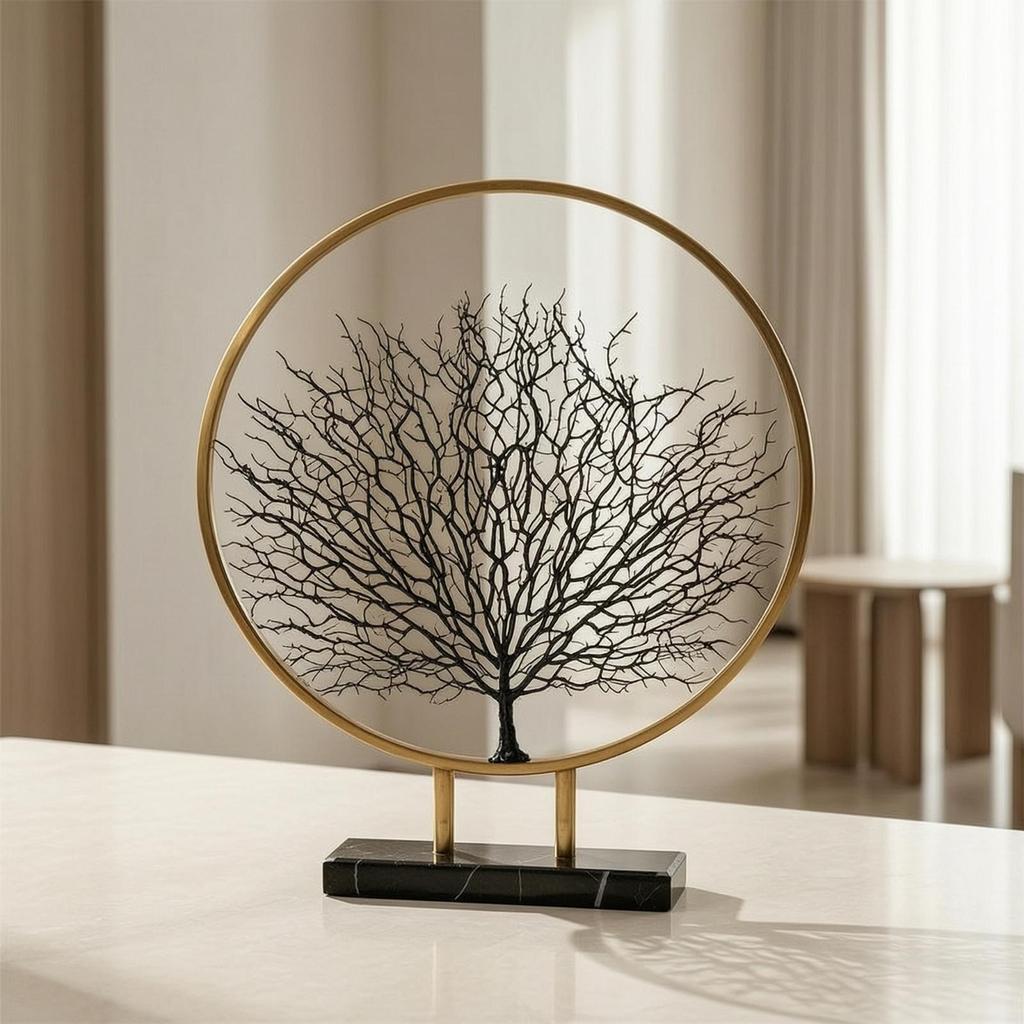 Metal Tree Figure Gold Arboreal Outline with Circular Structure Frame Minimalist