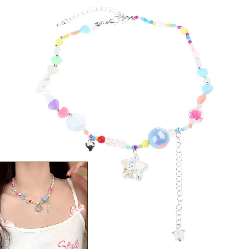Colorful  Beaded Colored Heart Choker Necklace Adjustable Clavicle Chain for Women Girl Cute Handmade Boho- Jewelry