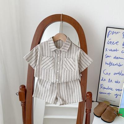 Children's Summer Leisure Comfortable Suit Short-sleeved Lapel Shirt + Shorts Plaid Thin Two-piece Set
