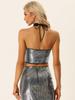 Allegra K Crop Camisole Tank Top with Halter Neck and Cutout Shiny Perfect for Christmas and Silver Size M Women's V-Neck, Sequins, Parties, Black,