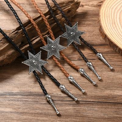 Western Leather Cord Bolo Tie with Metal Hexagram Star Pendant Jewelry Necktie Adjustable Chain Necklace for Men Women