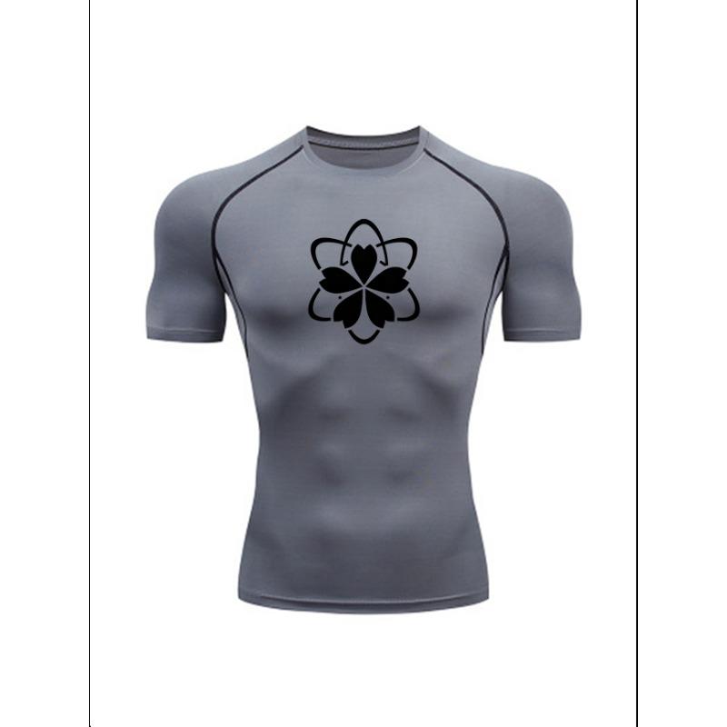 Men'S Cherry Blossom Print Compression T-Shirt, Quick Dry Short Sleeve Gym Workout Tee, Japanese Style Athletic Fitness Training Top