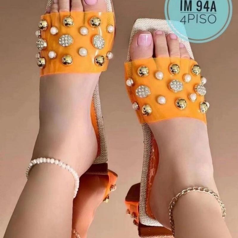 

Взуття для жінок 2024 Літнє повсякденне взуття з квадратним носком Жіноче взуття на плоскій підошві Одноколірні зручні модні пляжні тапочки для жінок Mujer 41 помаранчевий