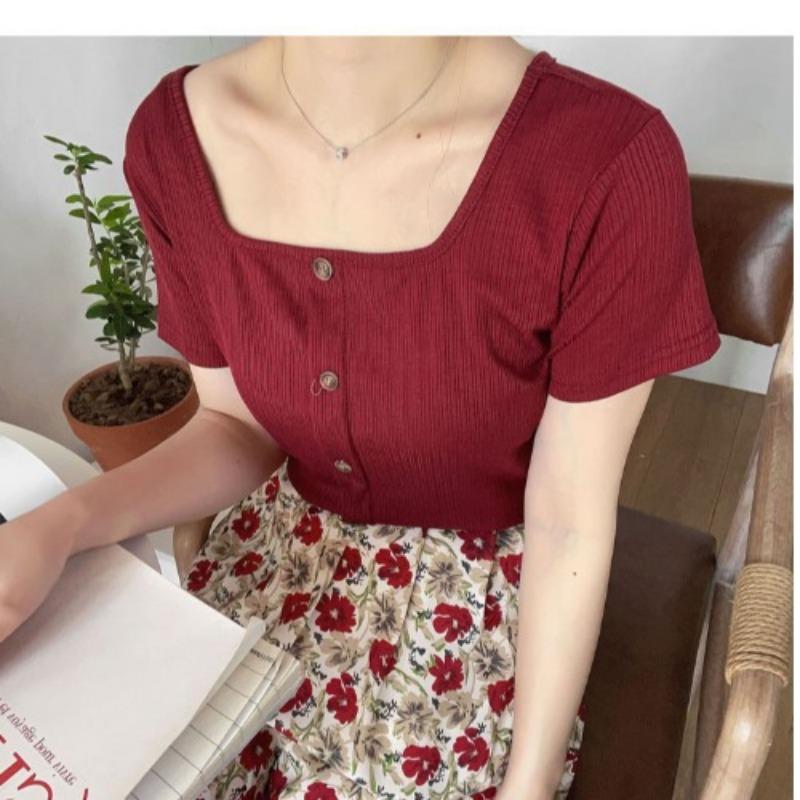 Retro Summer Slim Short Section Square Neck Knit Shirt Short-sleeved T-shirt Female Yankee Heart Machine Exposed Collarbone Tops Casual Pullovers Tees