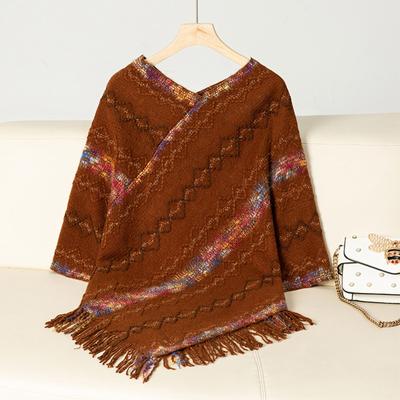 Women's Fashion Colorful Plaid Knitted Tassel Cape Casual Loose Sweater Cape