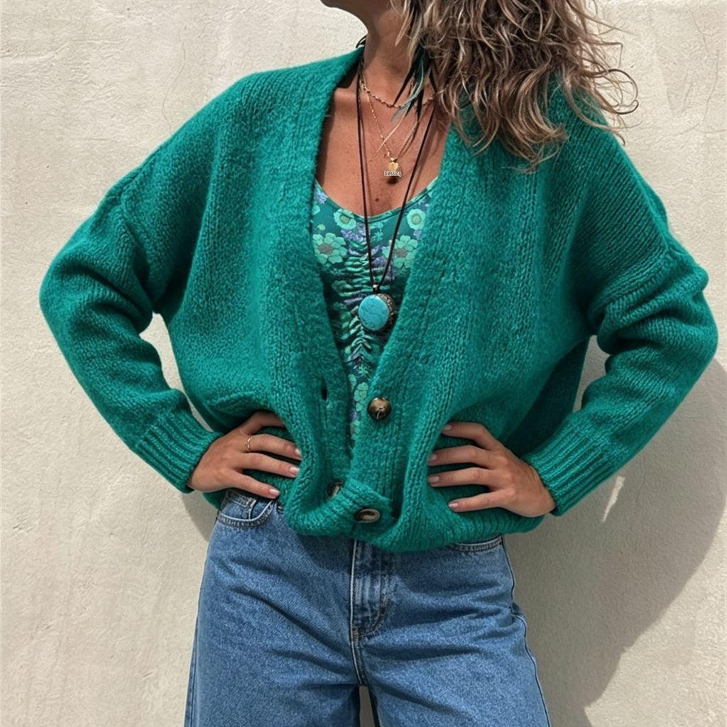 V-Neck Solid Color Knit Cardigan: Women's Autumn/Winter Short Loose Sweater with Pockets